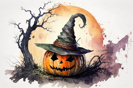 Watercolor carved pumpkin with witch's hat for Halloween. Generative AI.の素材