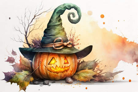 Watercolor carved pumpkin with witch's hat for Halloween. Generative AI.の素材