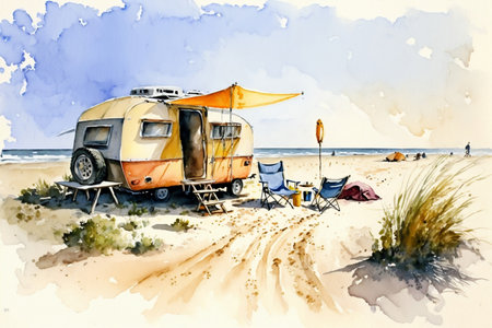 Watercolor of a summer beach camping scene. Generative AI.の素材