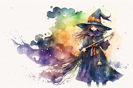 Watercolor witch with broom for Halloween. Generative AI.の素材