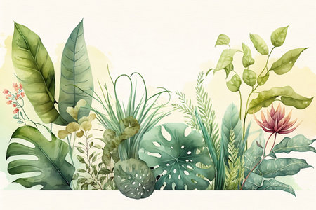 Watercolor banner featuring decorative plants for summer with space for text. Generative AI.の素材