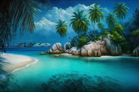 Paradise island beach with palm trees and blue water. Generative AI.の素材