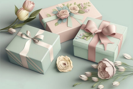 Colorful gift boxes arranged in an artful composition for holiday cards or special occasions such as March 8, Mother's Day, or Valentine's Day. Generative AI.の素材