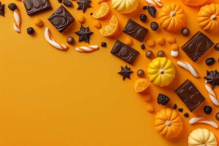 Halloween banner with sweets on orange background and wide empty space in the middle. Generative AI.の素材