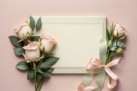 Rose banner on pastel background with ribbon. Wide empty space in the middle. Generative AI.の素材