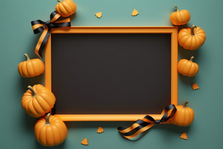 Halloween banner with pumpkins and gift ribbon on the corners of the background. Wide empty space in the middle, with a Halloween aesthetic.の素材