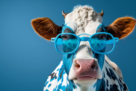 Cow with sunglasses on blue background. Generative AI.の素材
