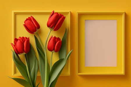 Red tulips mockup template on yellow background. Generative AI.の素材