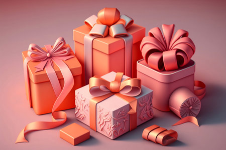Greeting card illustration of artfully arranged gift boxes in bright pink and orange colors, tied with ribbons and bows in various sizes and shapes. Generative AI.の素材