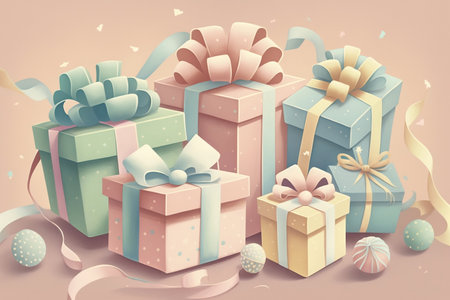 Festive greeting card illustration featuring colorful gift boxes adorned with ribbons and bows in various sizes. Soft pastel background adds to the celebratory feel. Generative AI.の素材