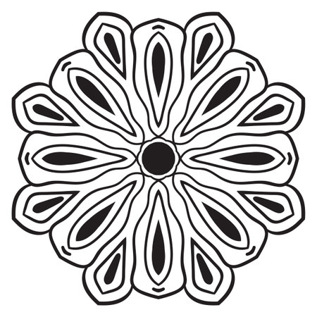 Black outline flower mandala. Doodle round decorative element for coloring book isolated on white background. Floral geometric circle.のイラスト素材