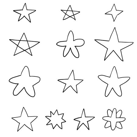 Doodle star set. Cute pen line elements. Sparkle decoration, symbol, icon. Simple sketch line style pattern elements.のイラスト素材