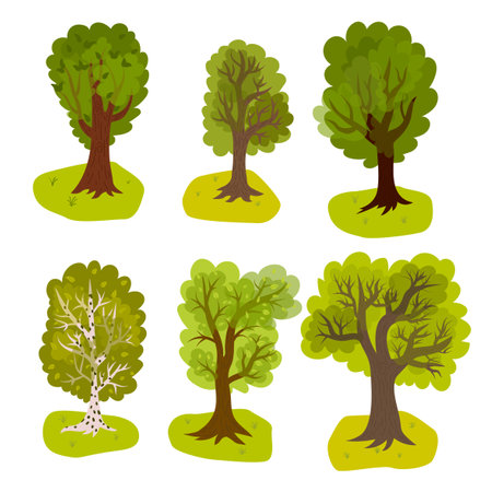 Summer or spring trees with lawn set or collection in flat style, forest trees, cartoon for children's book and games, birch, oak.のイラスト素材