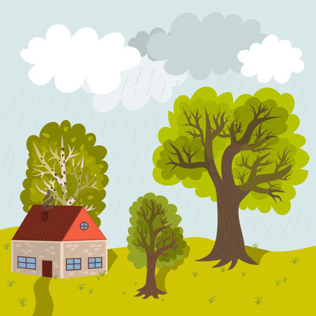 A cute country house with trees around it on a summer rainy day. Landscape in cartoon style, for children's books, games, postcards etc.のイラスト素材