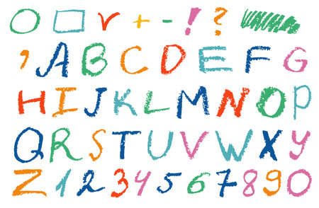 Colorful oil pastel textured alphabet, numbers and signs. Handwritten font. Script. Latin calligraphic set in childlike style.のイラスト素材