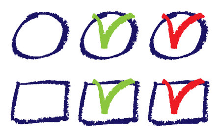 Cute oil pastel textured checkboxes for online vote, selection, empty checkboxes, square and round, grunge style.のイラスト素材