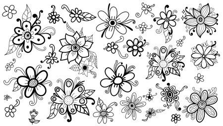 Cartoon doodle fantasy floral elements set. Creative flowers, leaves in black outline, for coloring book page, games, etc.のイラスト素材