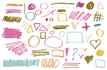 Colorful textured oil pastel brush strokes, circles, geometric shapes, check boxes, signs and hearts. Grunge textured shapes set isolated on white.のイラスト素材