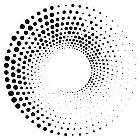 Black round halftone texture. Dotted radial swirl or tornado shape. Gradient circle. Pop art retro style.のイラスト素材