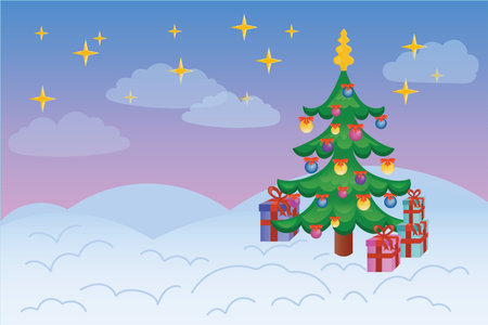 Happy new year card with decorated Christmas tree and presents on a starry snow landscape.のイラスト素材
