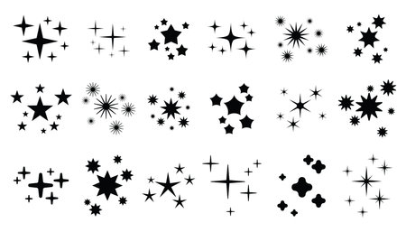 Collection of stars and patterns. Glowing celestial elements of design. Set of Y2K stars, starburst or retro futuristic graphic ornaments.のイラスト素材