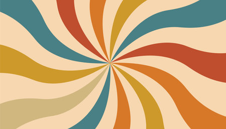Colorful retro wavy rays background. Vintage striped groovy wallpaper. Swirled lines poster.のイラスト素材
