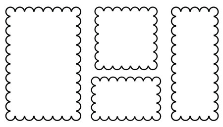 Black Outline Frames with Corrugated Edges Isolated on White. Simple Labels with Zig Zag Borders. Wiggly Shapesのイラスト素材