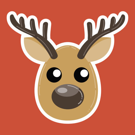 Cute cartoon Christmas deer sticker isolated on red background. Greeting card or poster.のイラスト素材
