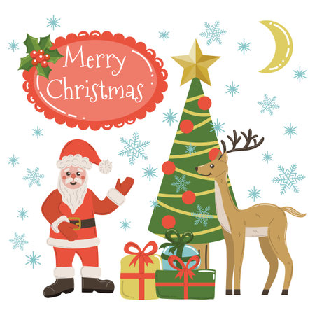 Cute cartoon Merry Christmas greeting card with Santa Claus, presents and deer.のイラスト素材
