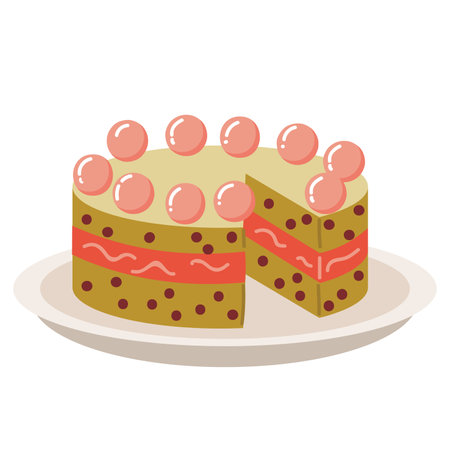 Cute cartoon Merry Christmas cake with little pink sweet balls in flat style. Biscuit cake with...