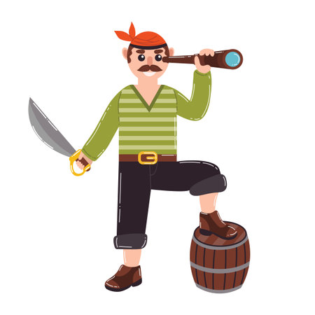 Cartoon pirate with spyglass, saber and gun barrel in flat style.のイラスト素材