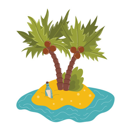 Cartoon Mysterious Island with Palm Trees and a Message in a Bottle. Sea Pirate Island.のイラスト素材