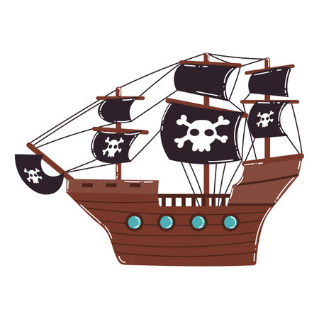 Cartoon historic pirate sailing ship with black sails, skulls and bones. Sea pirate ship.のイラスト素材
