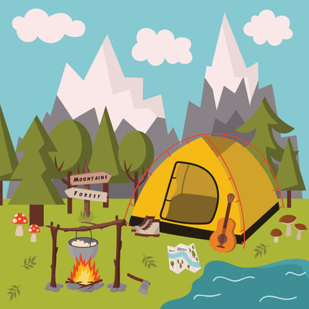 Cartoon scene of camping stop with tent and campfire in flat style isolated on white background.のイラスト素材