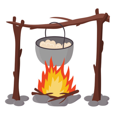 Cartoon food cooking on fire during camping in flat style isolated on white background.のイラスト素材