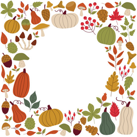 Cute autumn empty square frame with fall design elements in flat style. Cozy fall border with pumpkins and leaves, berries and mushrooms isolated on white background.のイラスト素材