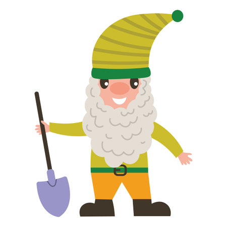 Cute spring garden gnome with shovel and cute hat in cartoon flat style.のイラスト素材