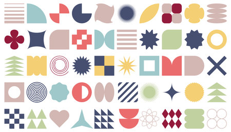 Brutalist abstract geometric shapes. Brutal contemporary figure star circle and other simple elements. Swiss design aesthetic. Bauhaus memphis design.のイラスト素材