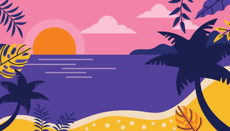 Landscape of palm tree on a beach. Sunset sea scene in tropical place in flat style.のイラスト素材