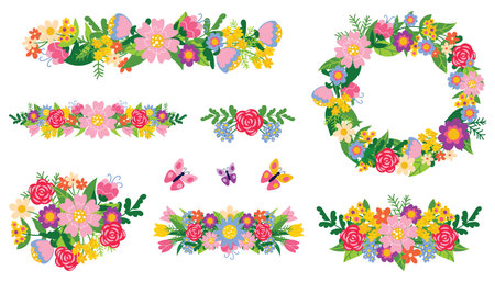 Bright floral composition set with garden rose and other flowers. Floral dividers, bouquets and wreath. Romantic design for natural cosmetics, perfume, women products.のイラスト素材