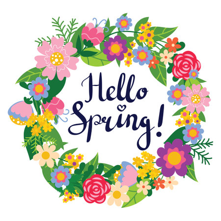 Cute Hello Spring greeting card with hand drawn lettering and floral wreath for Spring season. Bright floral decoration for greeting card, social media post, poster, etc.のイラスト素材