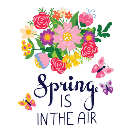 Cute Spring is in the Air greeting card with hand drawn lettering, butterflies and floral bouquet for Spring season. Bright floral decoration for greeting card, social media post, poster, etc.のイラスト素材