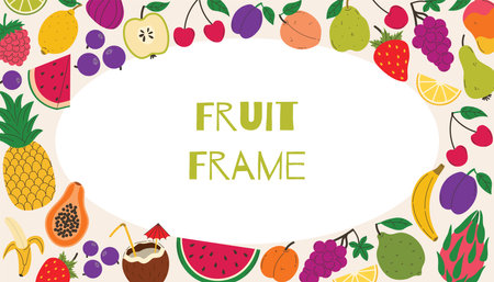 Bright summer border with fruits and berries. Summer juicy frame with watermelon and pineapple, strawberry and more.のイラスト素材