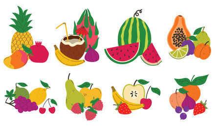 Tropical fruit compositions set. Summer juicy food still life collection.のイラスト素材