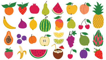Set of colorful fruits and berries. Modern abstract minimal style. Natural tropical fruits collection. Cherry and apple, peach and lemon, banana and pomegranate, pineapple and fig.のイラスト素材