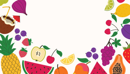 Bright summer postcard with fruits and berries. Summer juicy border with watermelon and pineapple, grapes and more. Modern trendy design for card, cover, poster.のイラスト素材