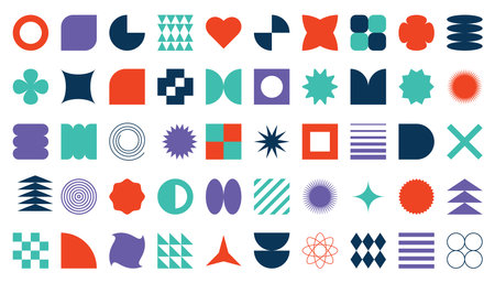 Brutalist abstract geometric, cartoon elements collection, 1990 aesthetics. Swiss design aesthetic. Bauhaus shapes design. Y2K poster illustrationのイラスト素材