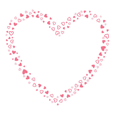 Pink wedding frame with confetti hearts. Happy Valentines day border with hearts. Cute frame isolated on white background.のイラスト素材