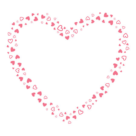 Pink heart confetti frame. Happy Valentines day border with hearts. Cute frame isolated on white background.のイラスト素材