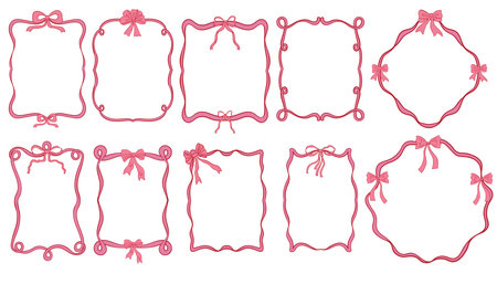 Vintage hand drawn trendy coquette style frames with ribbons and bows collection. Prints, greeting cards, wedding and birthday parties, invitations.のイラスト素材